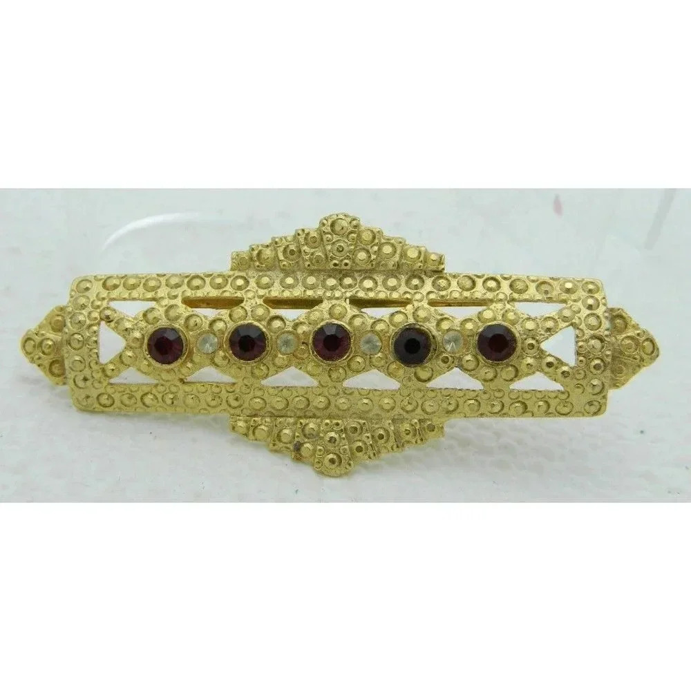VTG Gold Tone Art Deco Style Red & Clear Rhinestone Faux Marcasite Pin Brooch